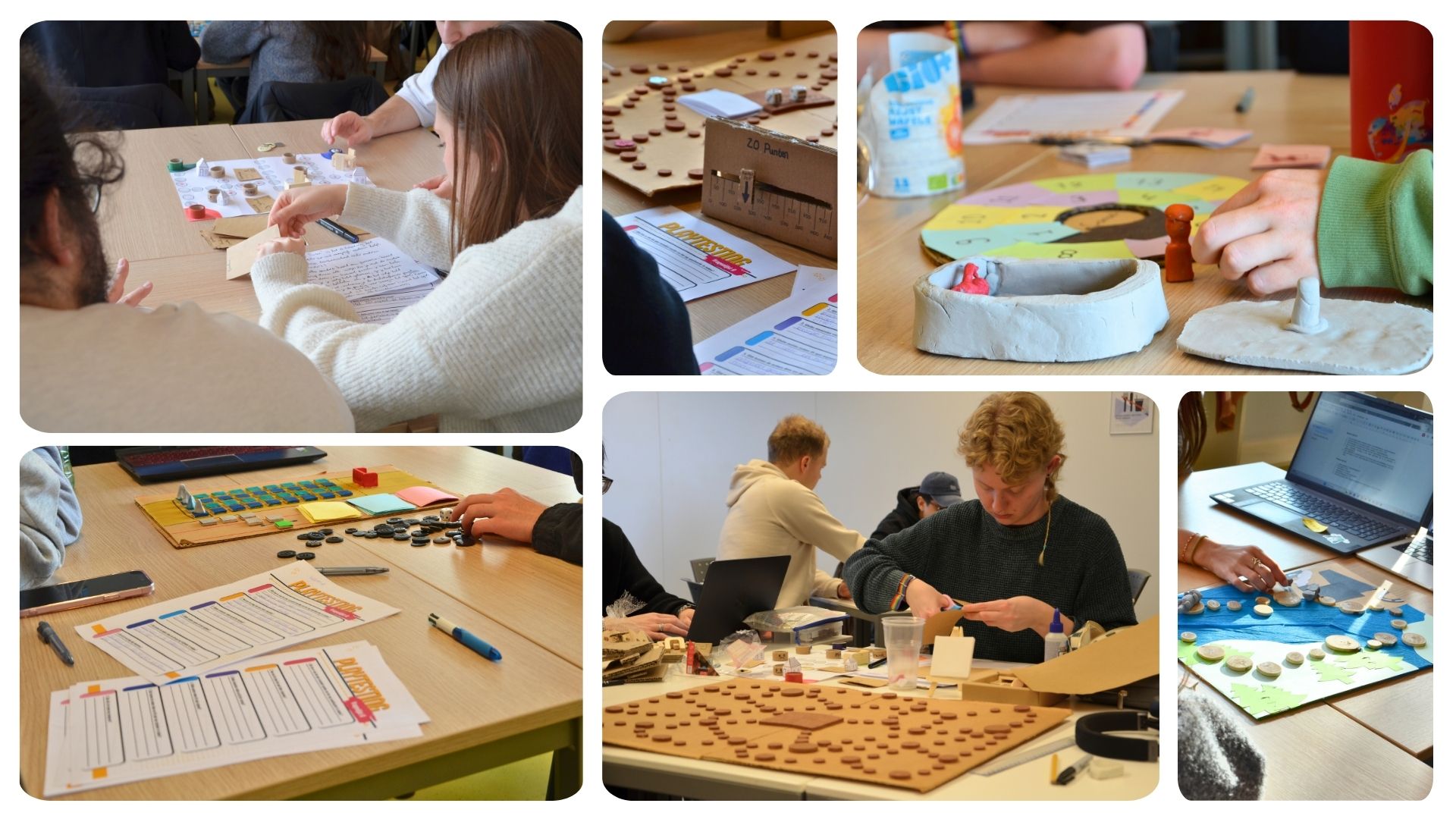 Photo collage of participants paper prototyping and play-testing during Game Jam 3